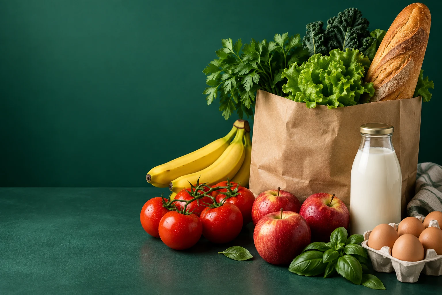 Продукты для повседневных покупок: овощи, фрукты, хлеб, молоко и яйца
